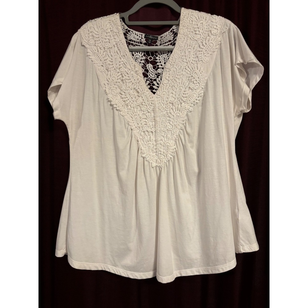 Hannah White Crochet Lace V-Neck‎ Short Sleeve Top XL Boho Blouse 64272